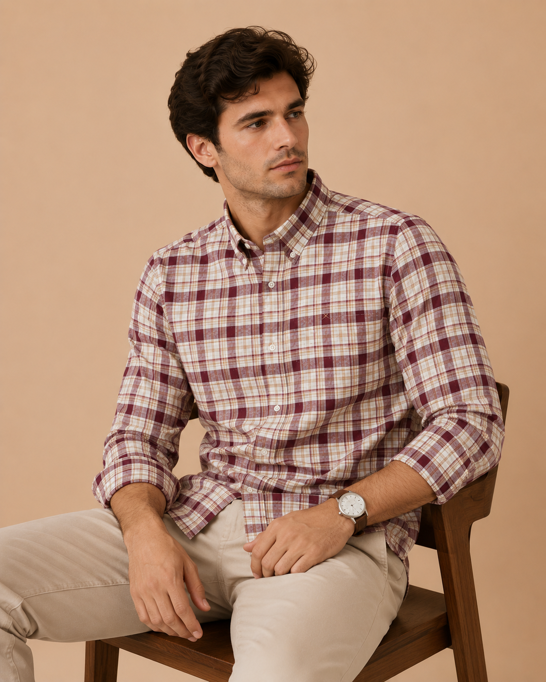 Maroon & Beige Cotton Checks Shirt – Classic Casual Fit
