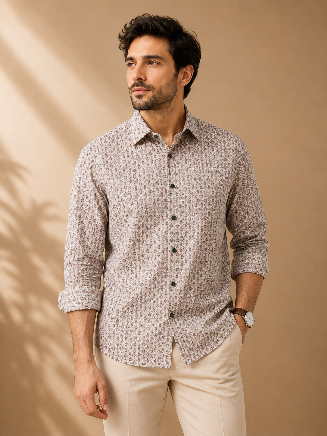 mens-beige-geometric-print-casual-shirt