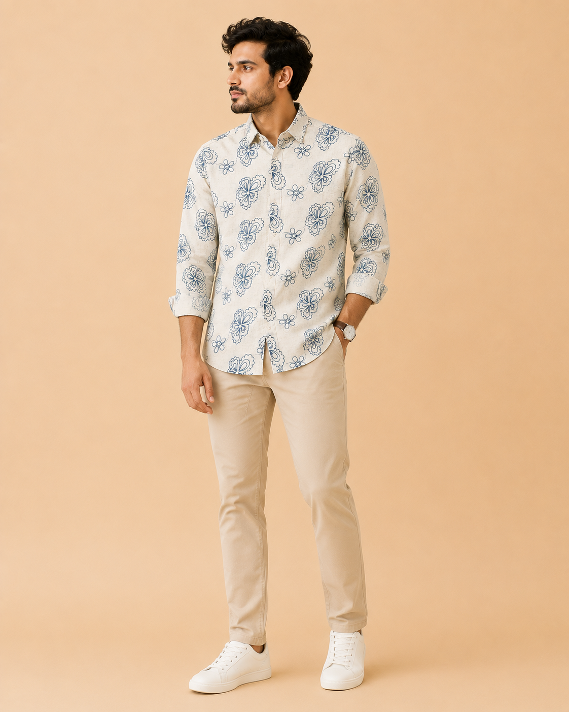 Men’s Off-White Floral Print Casual Shirt