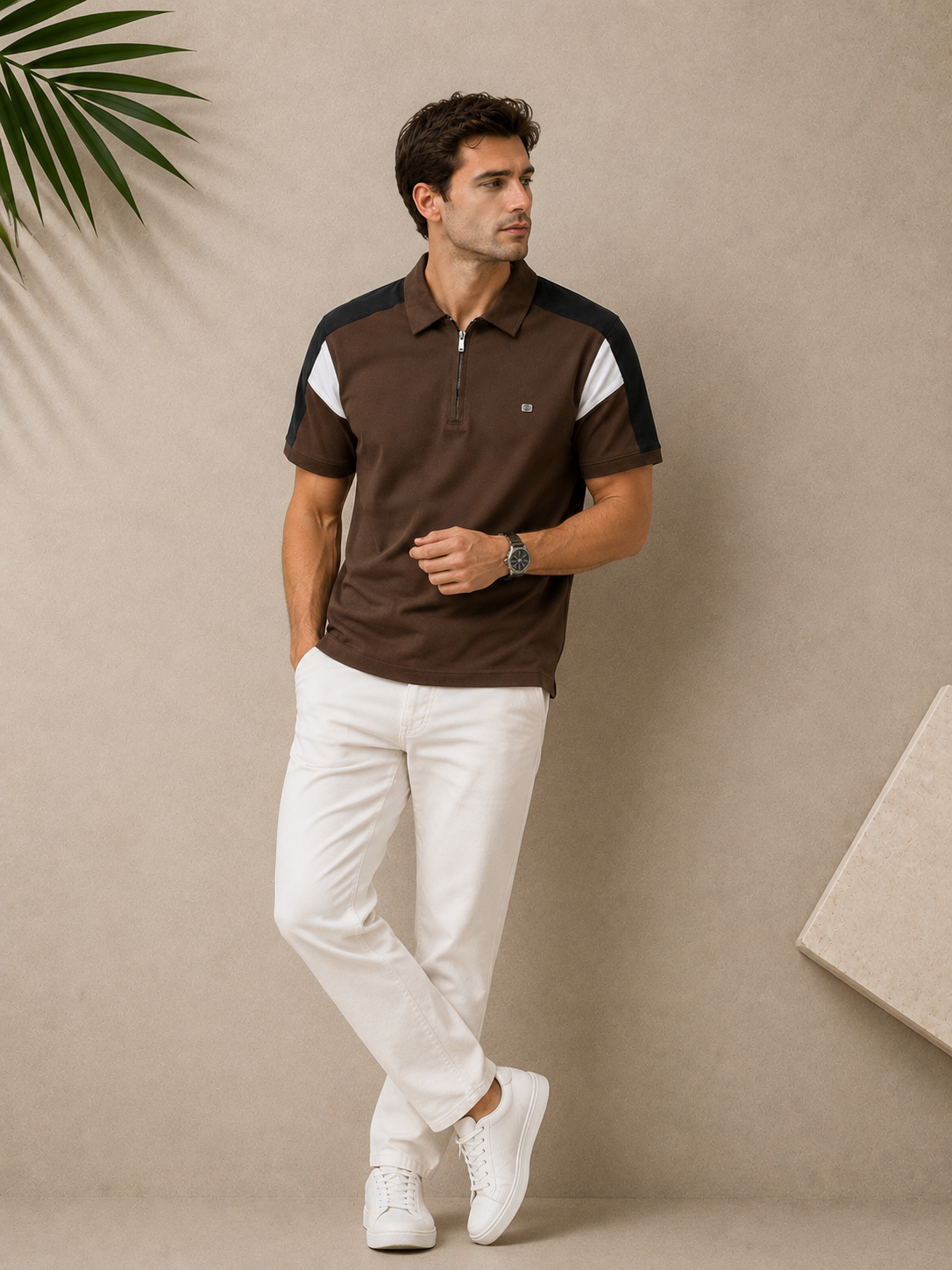 Men’s Premium Brown Contrast Zip Polo T-Shirt