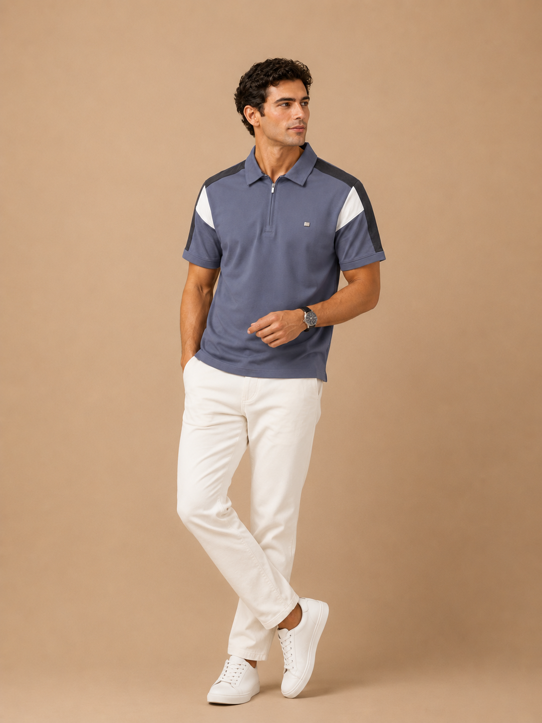 Men’s Premium Slate Blue Contrast Zip Polo T-Shirt