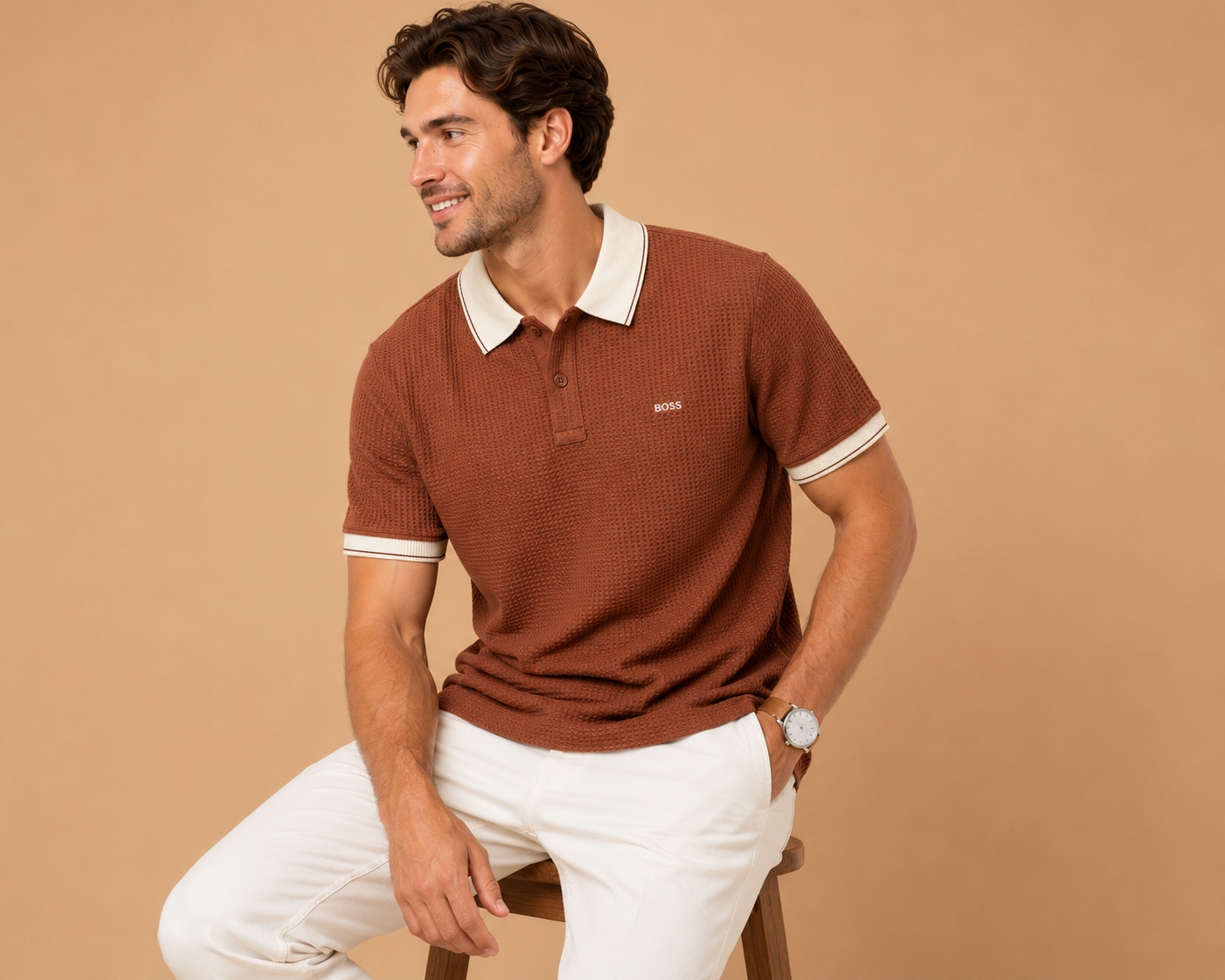 Men’s Textured Polo T-Shirt – Coffee Brown