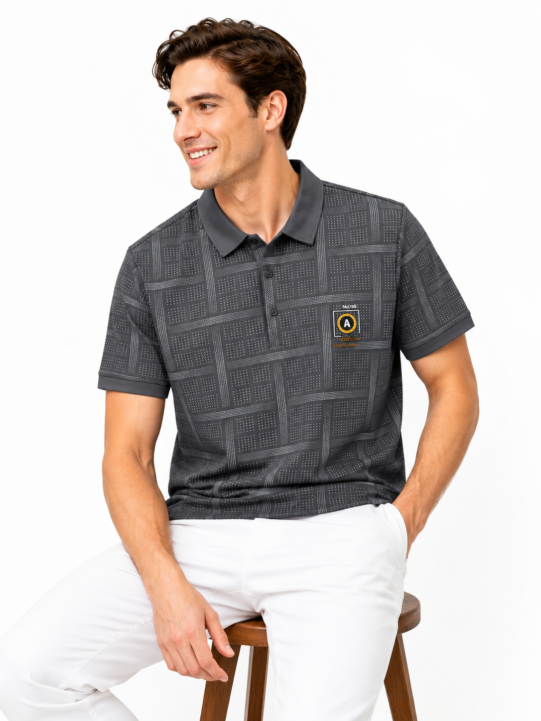 Men’s Charcoal Grey Geometric Print Polo T-Shirt