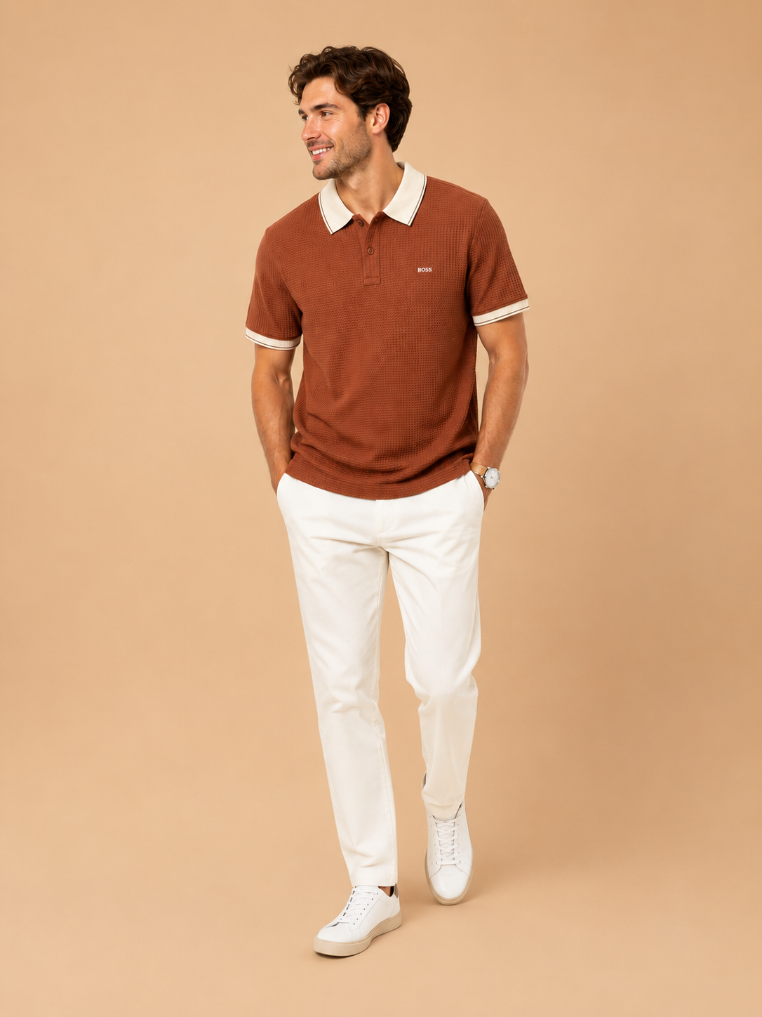 Men’s Textured Polo T-Shirt – Coffee Brown