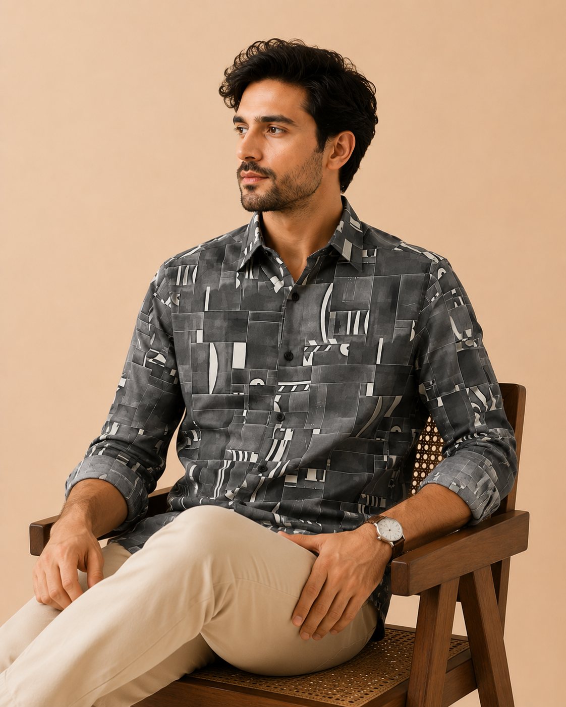 Men’s Grey Abstract Print Casual Shirt