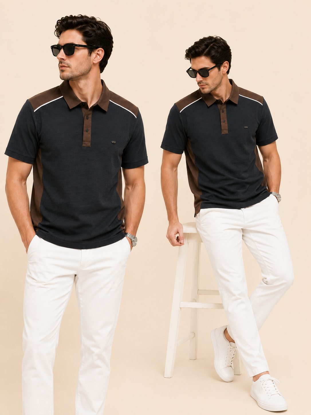 Men’s Premium Textured Polo T-Shirt – Charcoal Black & Coffee Brown