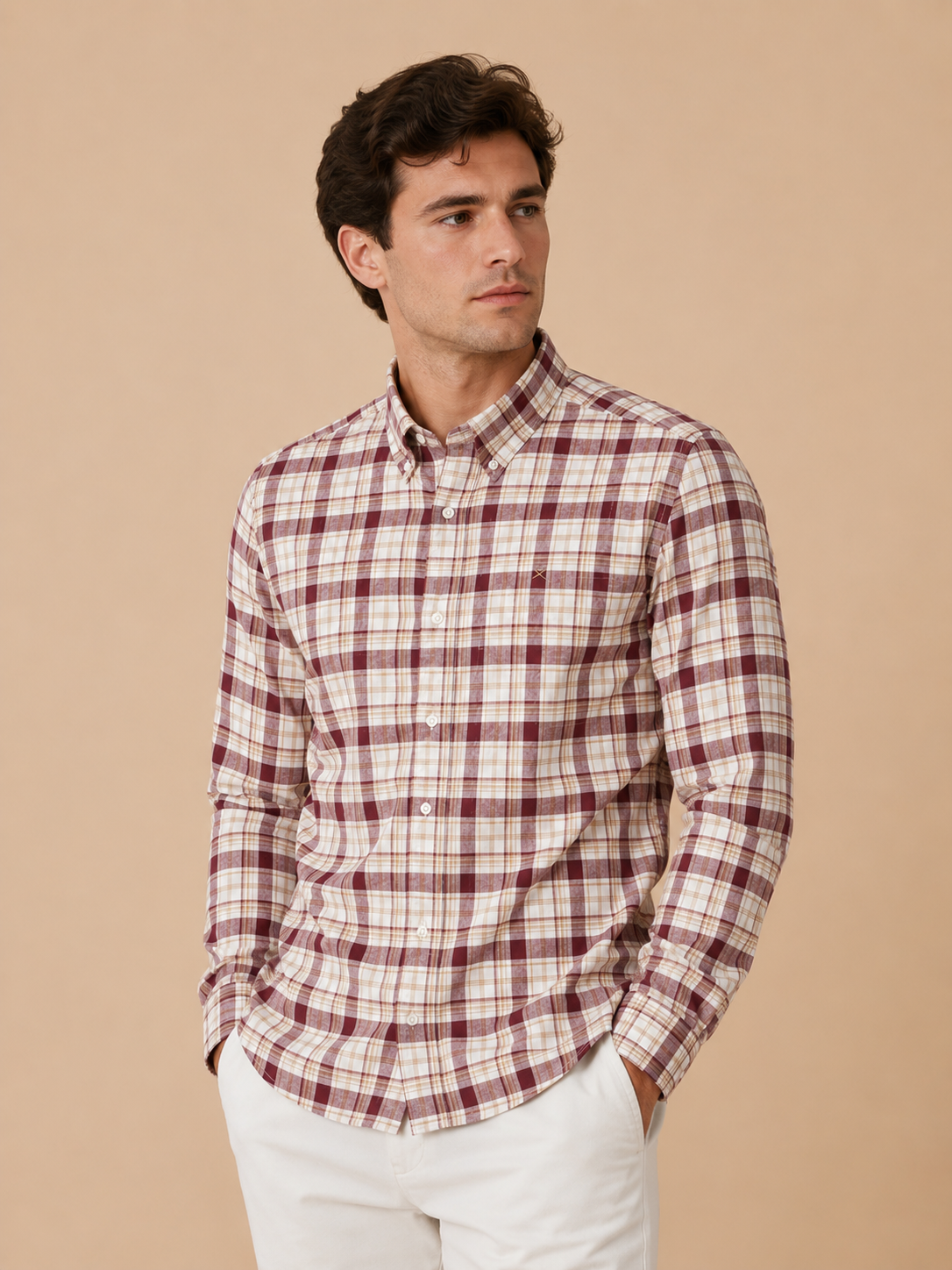maroon-beige-cotton-checks-shirt-classic-casual-fit