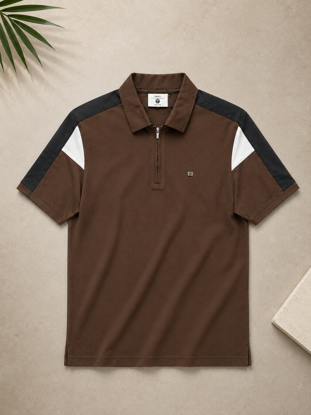 Men’s Premium Brown Contrast Zip Polo T-Shirt
