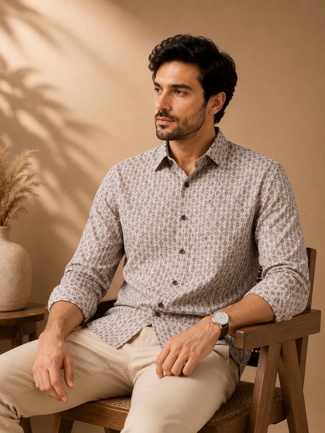 Men’s Beige Geometric Print Casual Shirt