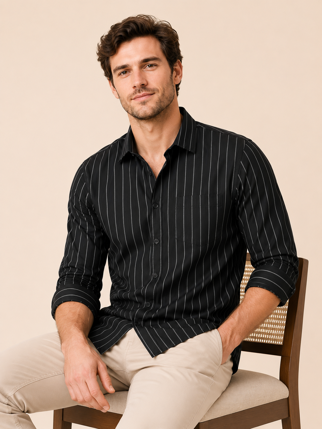 Men’s Black Vertical Stripe Casual Shirt