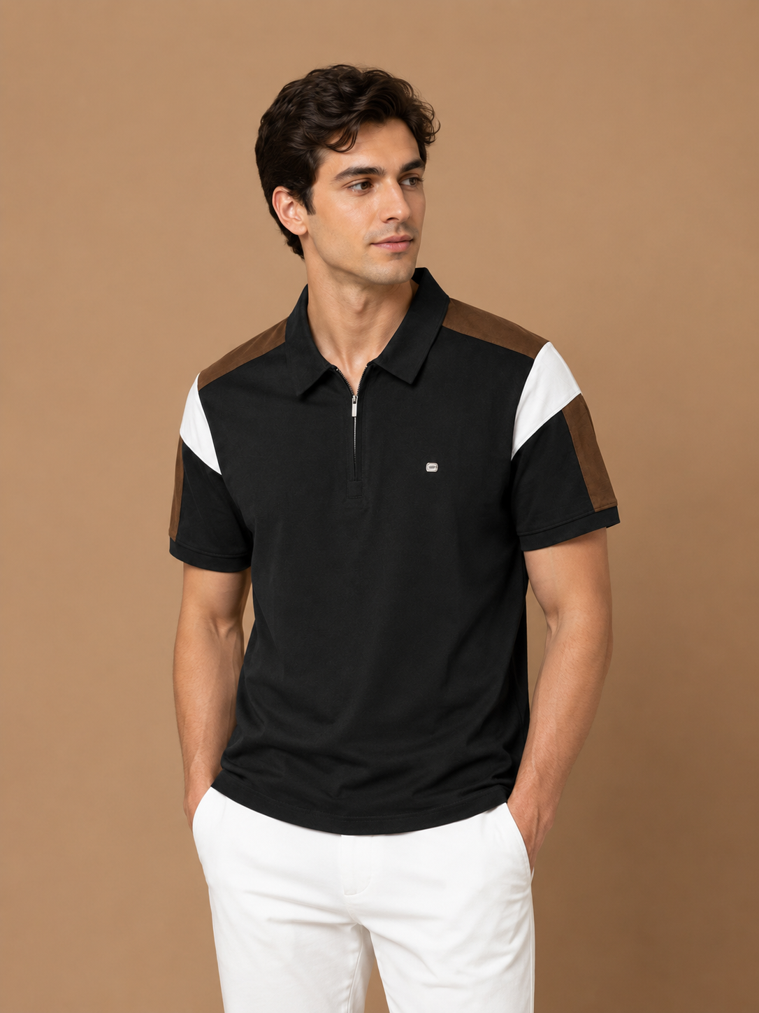 Men’s Premium Black Contrast Zip Polo T-Shirt