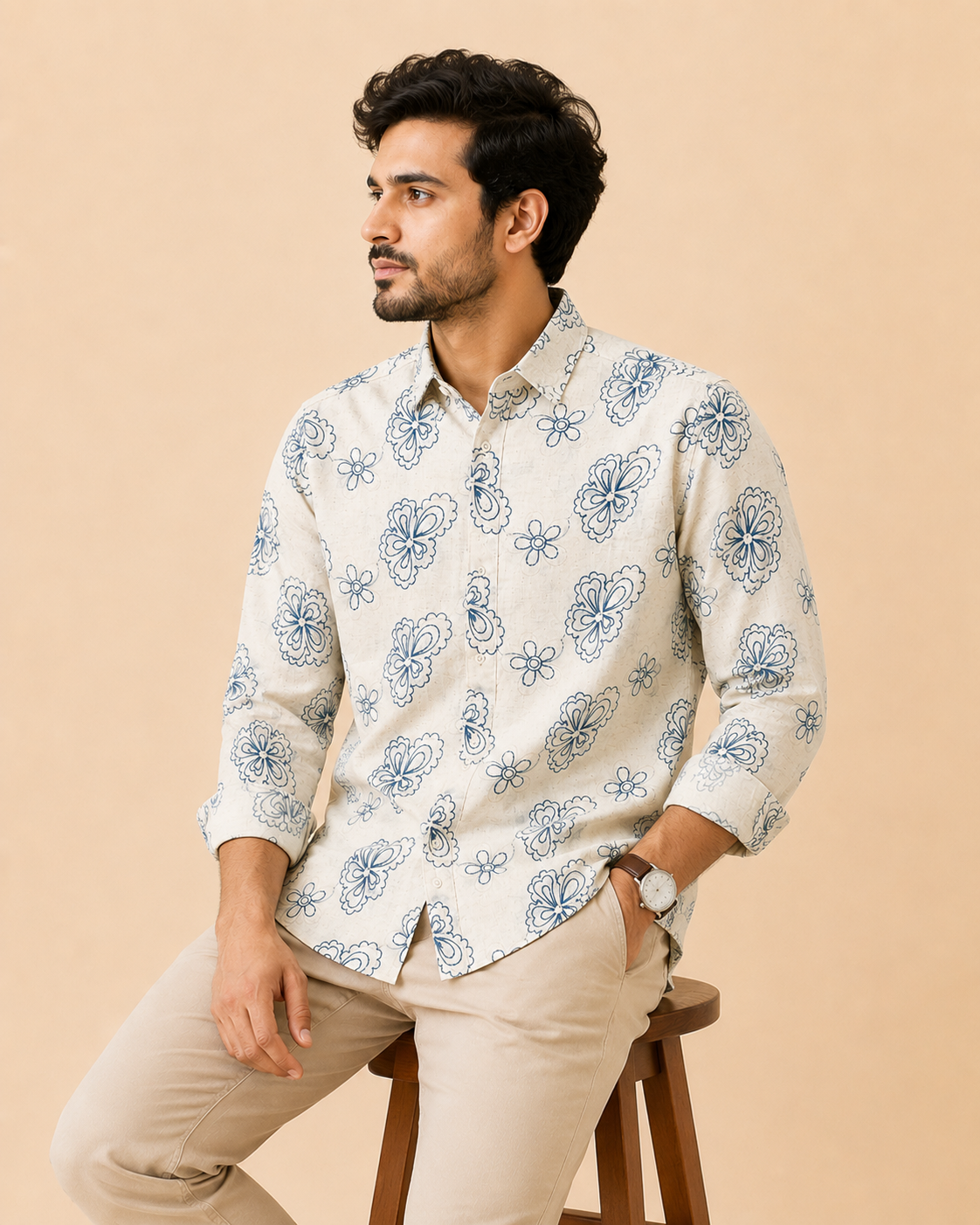 Men’s Off-White Floral Print Casual Shirt