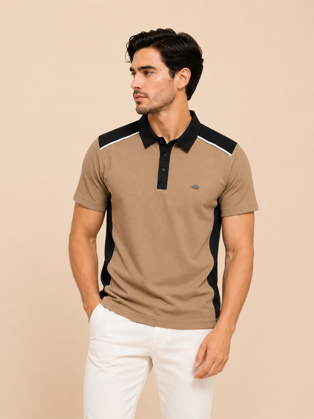 Men’s Premium Textured Polo T-Shirt – Beige & Black